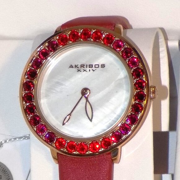 New $295 Tag Akribos XXIV Watch Swarovski Crystal Bezel, MOP Dial AK1093 Red - Picture 4 of 13